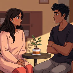 An emotional scene between two characters, Nidhi and Ravi, in a cozy indoor setting