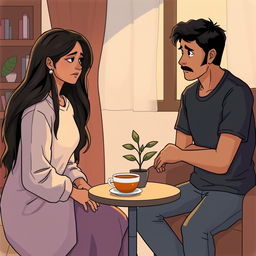 An emotional scene between two characters, Nidhi and Ravi, in a cozy indoor setting