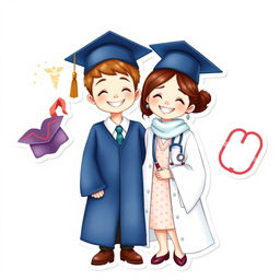 A charming sticker design featuring a boy and a girl joyfully celebrating their graduation from medical school