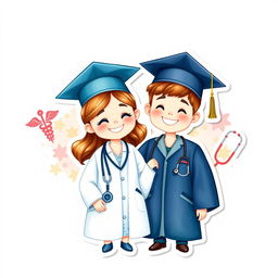 A charming sticker design featuring a boy and a girl joyfully celebrating their graduation from medical school