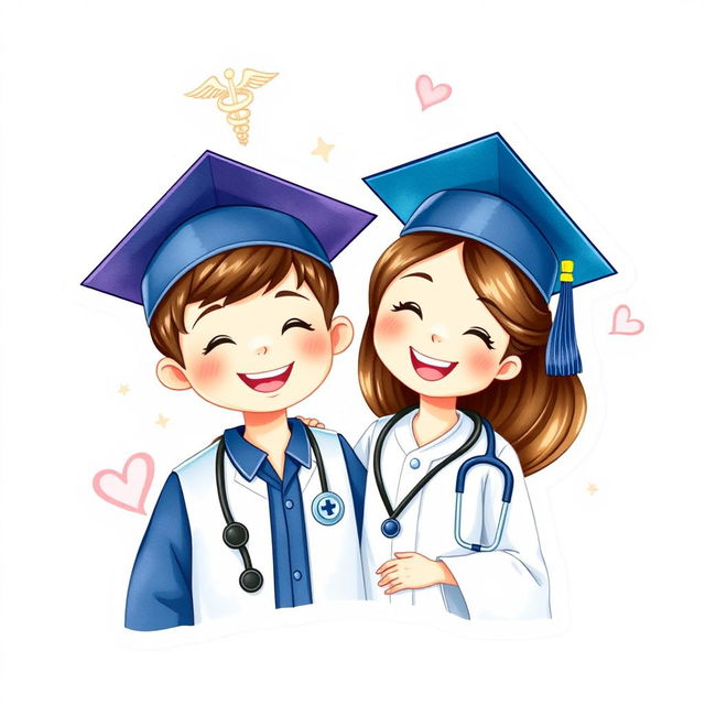 A charming sticker design featuring a boy and a girl joyfully celebrating their graduation from medical school