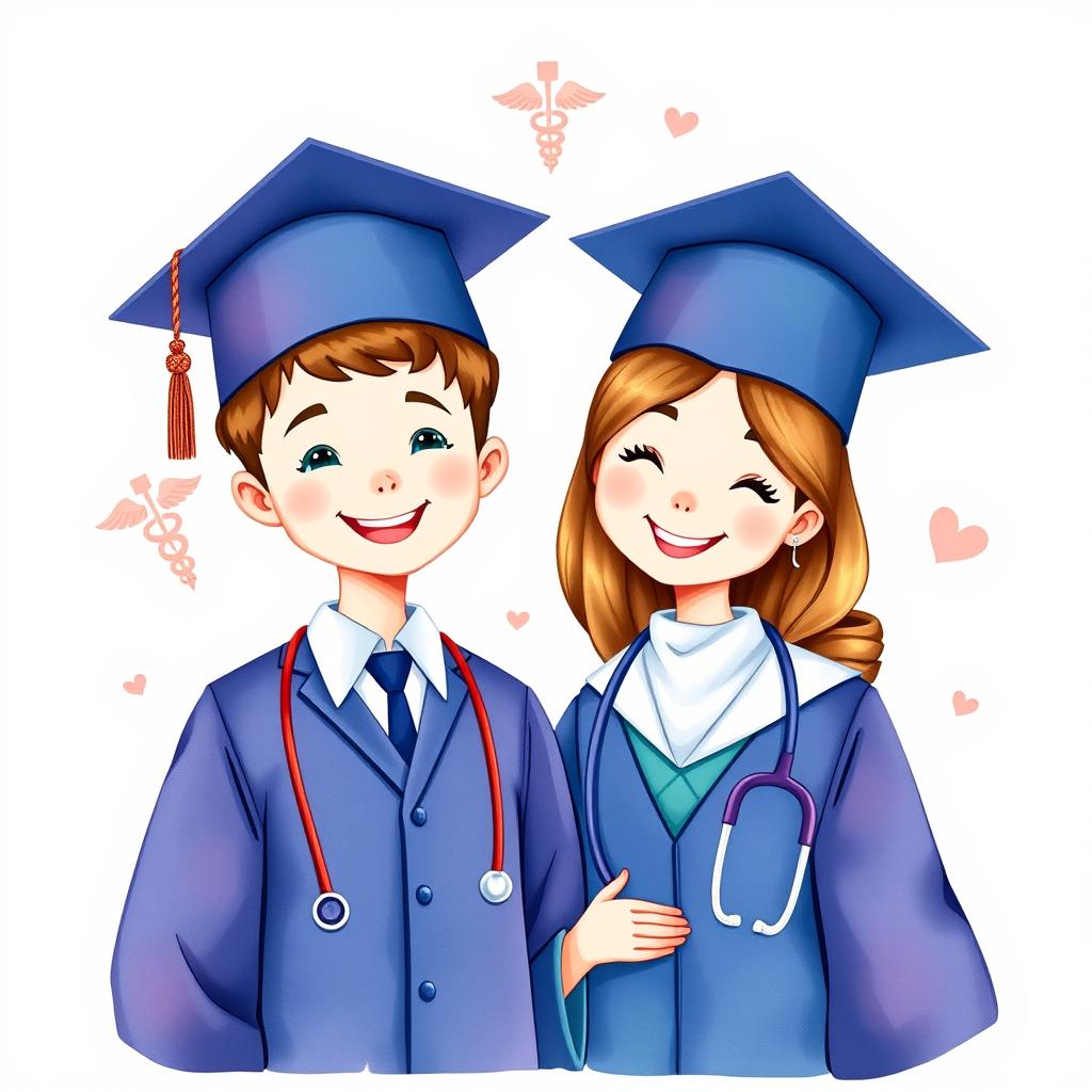 A charming sticker design featuring a boy and a girl joyfully celebrating their graduation from medical school