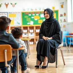 An Iranian Muslim woman, 35 years old, wearing a traditional black chador that elegantly complements her modern short pants and stylish heels