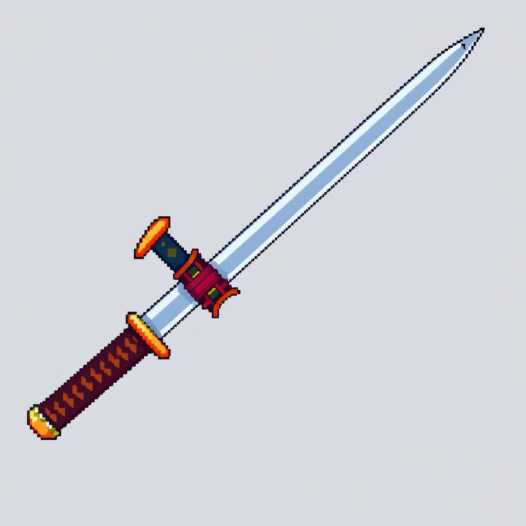 A detailed 2D pixel art katana designed for a computer game, showcasing a sleek and sharp blade with intricate pixel details