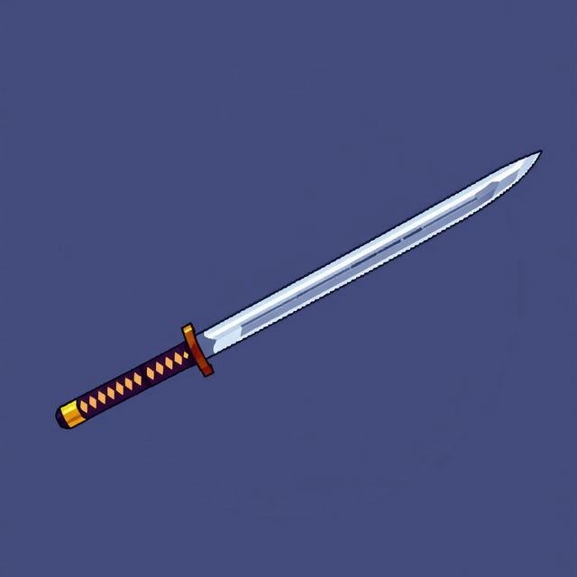 A detailed 2D pixel art katana designed for a computer game, showcasing a sleek and sharp blade with intricate pixel details