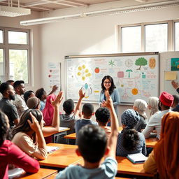 A vibrant and inclusive classroom scene depicting a biology teacher passionately engaging a diverse group of students