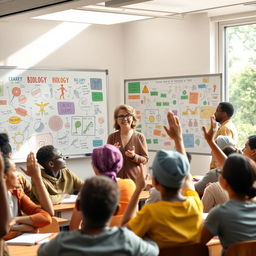 A vibrant and inclusive classroom scene depicting a biology teacher passionately engaging a diverse group of students