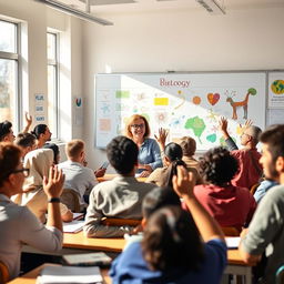 A vibrant and inclusive classroom scene depicting a biology teacher passionately engaging a diverse group of students