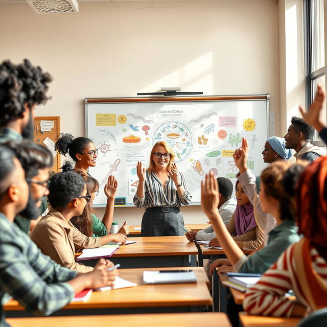 A vibrant and inclusive classroom scene depicting a biology teacher passionately engaging a diverse group of students