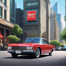 An image featuring a stylish, modern car with a 'Rent Me' sign on it