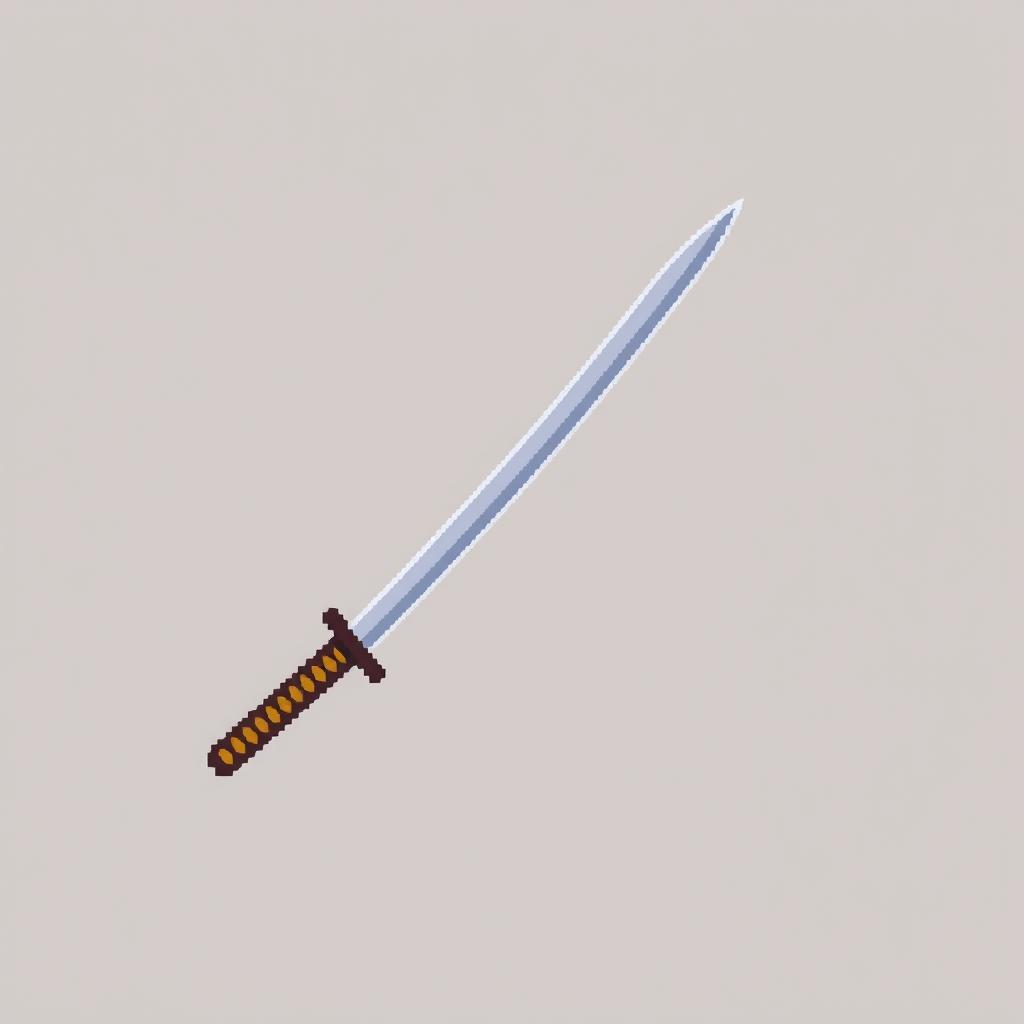 A simple 2D pixel art katana designed for a computer game, featuring a basic yet recognizable shape with a straight blade and a wrapped handle