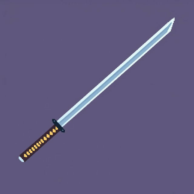 A simple 2D pixel art katana designed for a computer game, featuring a basic yet recognizable shape with a straight blade and a wrapped handle