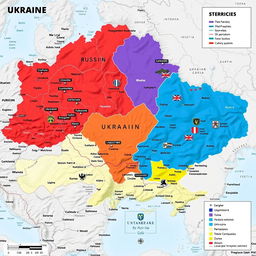 A detailed and informative map showcasing the ongoing conflict between Ukraine and Russia