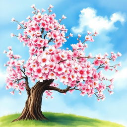 A stunning watercolor painting of a cherry blossom tree in full bloom, filled with vibrant pink and soft white blossoms