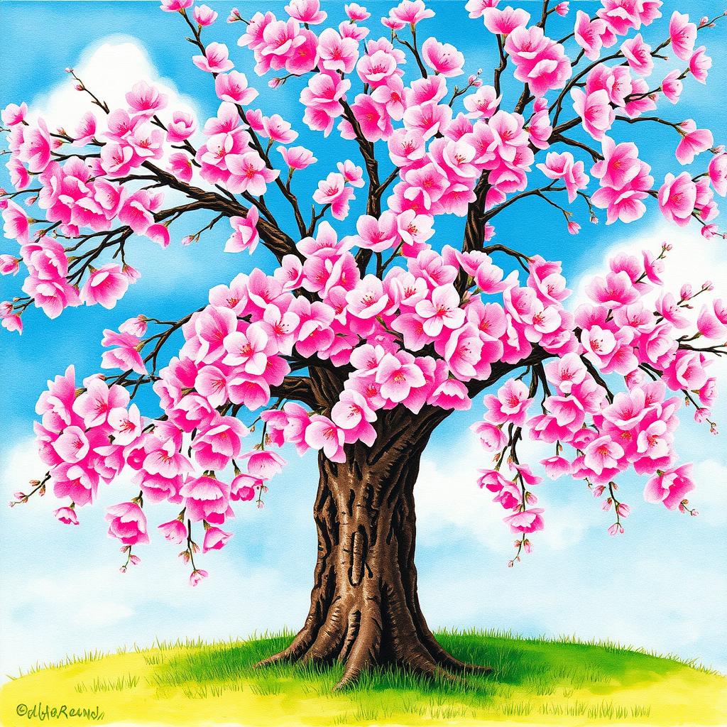 A stunning watercolor painting of a cherry blossom tree in full bloom, filled with vibrant pink and soft white blossoms