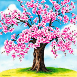 A stunning watercolor painting of a cherry blossom tree in full bloom, filled with vibrant pink and soft white blossoms