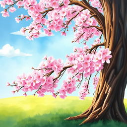 A stunning watercolor painting of a cherry blossom tree in full bloom, filled with vibrant pink and soft white blossoms