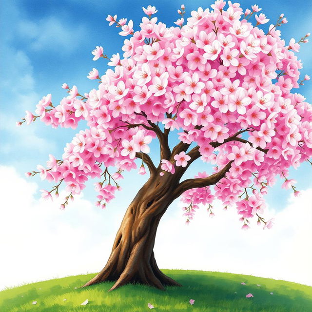 A stunning watercolor painting of a cherry blossom tree in full bloom, filled with vibrant pink and soft white blossoms