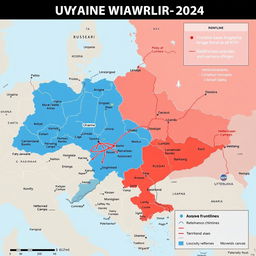 A detailed digital map illustrating the ongoing Ukraine-Russia war in the year 2024, showcasing the frontlines, territorial changes, and key strategic locations