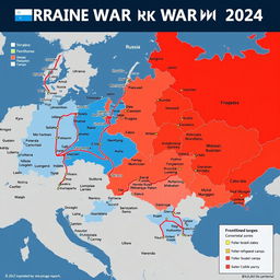 A detailed digital map illustrating the ongoing Ukraine-Russia war in the year 2024, showcasing the frontlines, territorial changes, and key strategic locations