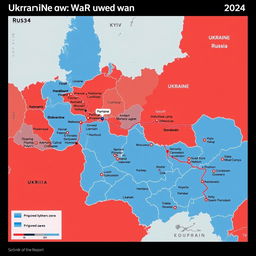 A detailed digital map illustrating the ongoing Ukraine-Russia war in the year 2024, showcasing the frontlines, territorial changes, and key strategic locations