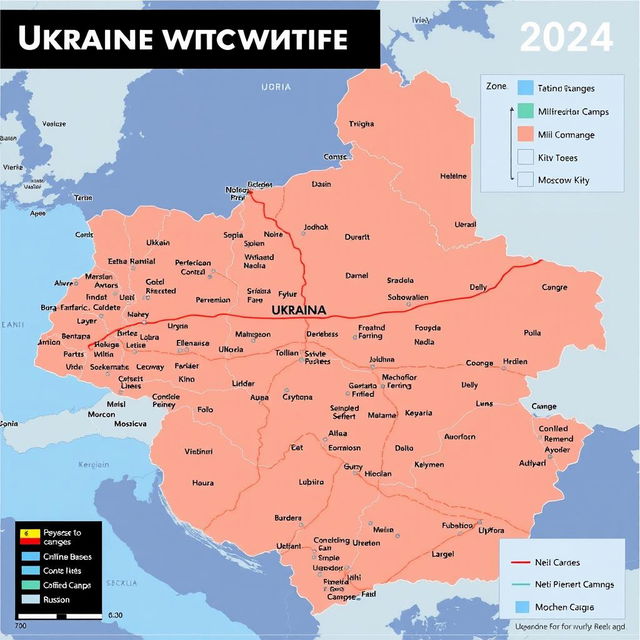 A detailed digital map illustrating the ongoing Ukraine-Russia war in the year 2024, showcasing the frontlines, territorial changes, and key strategic locations