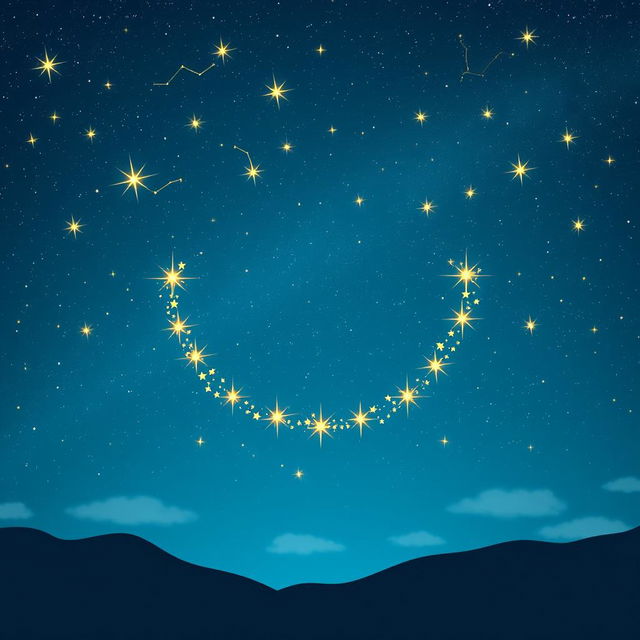 A celestial scene depicting stars in the night sky aligning perfectly to form a large, joyful grin