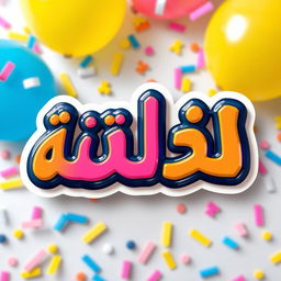 A vibrant and colorful 3D sticker design that prominently features the Arabic word "تخرج" (graduation) in bold, playful lettering