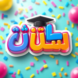 A vibrant and colorful 3D sticker design that prominently features the Arabic word "تخرج" (graduation) in bold, playful lettering