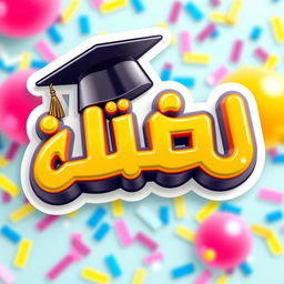 A vibrant and colorful 3D sticker design that prominently features the Arabic word "تخرج" (graduation) in bold, playful lettering