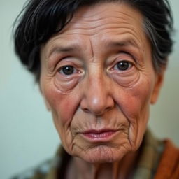 An elderly woman with light skin and short, black hair, looking directly at the viewer