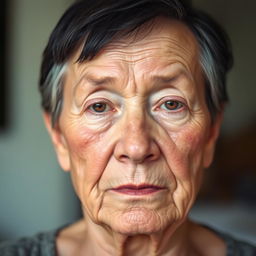 An elderly woman with light skin and short, black hair, looking directly at the viewer