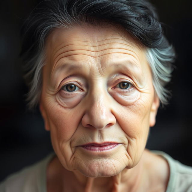 An elderly woman with light skin and short, black hair, looking directly at the viewer