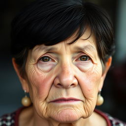 An elderly woman with light skin and short, black hair, looking directly at the viewer