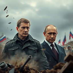 A dramatic depiction of a tense confrontation between Ukrainian President Volodymyr Zelensky and Russian President Vladimir Putin, set against a war-torn backdrop