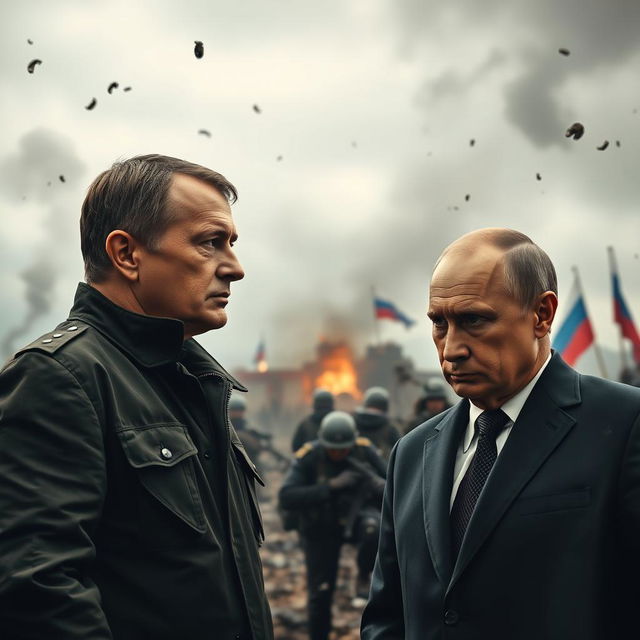 A dramatic depiction of a tense confrontation between Ukrainian President Volodymyr Zelensky and Russian President Vladimir Putin, set against a war-torn backdrop