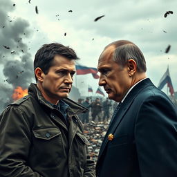 A dramatic depiction of a tense confrontation between Ukrainian President Volodymyr Zelensky and Russian President Vladimir Putin, set against a war-torn backdrop
