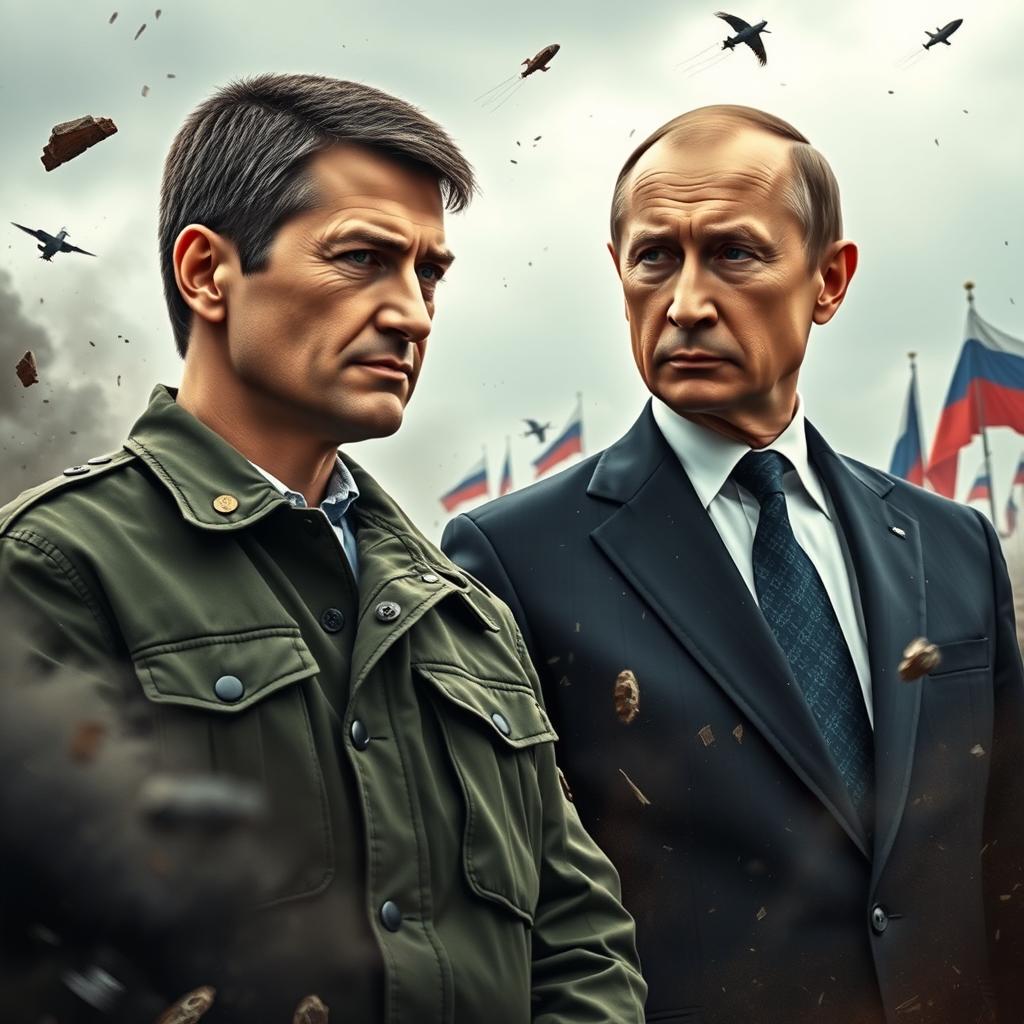 A dramatic depiction of a tense confrontation between Ukrainian President Volodymyr Zelensky and Russian President Vladimir Putin, set against a war-torn backdrop