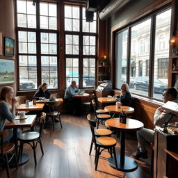 A cozy and inviting coffee shop in Kyiv, featuring rustic wooden furniture, large windows letting in natural light, and a warm atmosphere