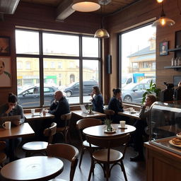 A cozy and inviting coffee shop in Kyiv, featuring rustic wooden furniture, large windows letting in natural light, and a warm atmosphere