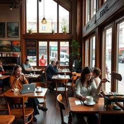 A cozy and inviting coffee shop in Kyiv, featuring rustic wooden furniture, large windows letting in natural light, and a warm atmosphere
