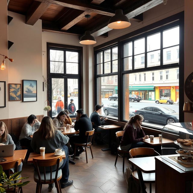 A cozy and inviting coffee shop in Kyiv, featuring rustic wooden furniture, large windows letting in natural light, and a warm atmosphere