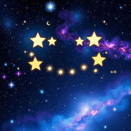 A cosmic scene depicting stars aligning in the shape of a playful grin against a vast, deep space background filled with twinkling stars, colorful nebulas, and ethereal space dust
