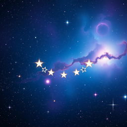 A cosmic scene depicting stars aligning in the shape of a playful grin against a vast, deep space background filled with twinkling stars, colorful nebulas, and ethereal space dust