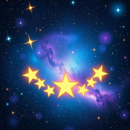 A cosmic scene depicting stars aligning in the shape of a playful grin against a vast, deep space background filled with twinkling stars, colorful nebulas, and ethereal space dust