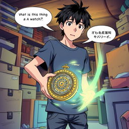 A vibrant, animated comic book scene featuring a teenage boy named Hiroshi discovering an ancient-looking device called 'Chronos' in his grandfather's attic