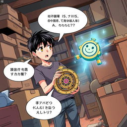 A vibrant, animated comic book scene featuring a teenage boy named Hiroshi discovering an ancient-looking device called 'Chronos' in his grandfather's attic