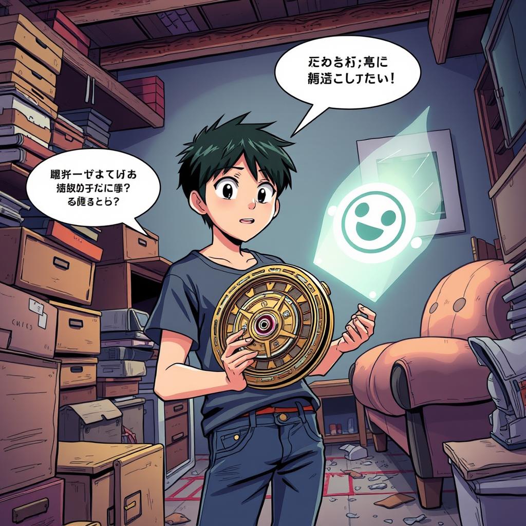 A vibrant, animated comic book scene featuring a teenage boy named Hiroshi discovering an ancient-looking device called 'Chronos' in his grandfather's attic