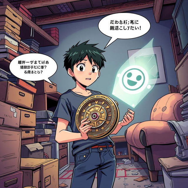 A vibrant, animated comic book scene featuring a teenage boy named Hiroshi discovering an ancient-looking device called 'Chronos' in his grandfather's attic