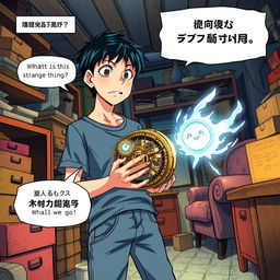 A vibrant, animated comic book scene featuring a teenage boy named Hiroshi discovering an ancient-looking device called 'Chronos' in his grandfather's attic
